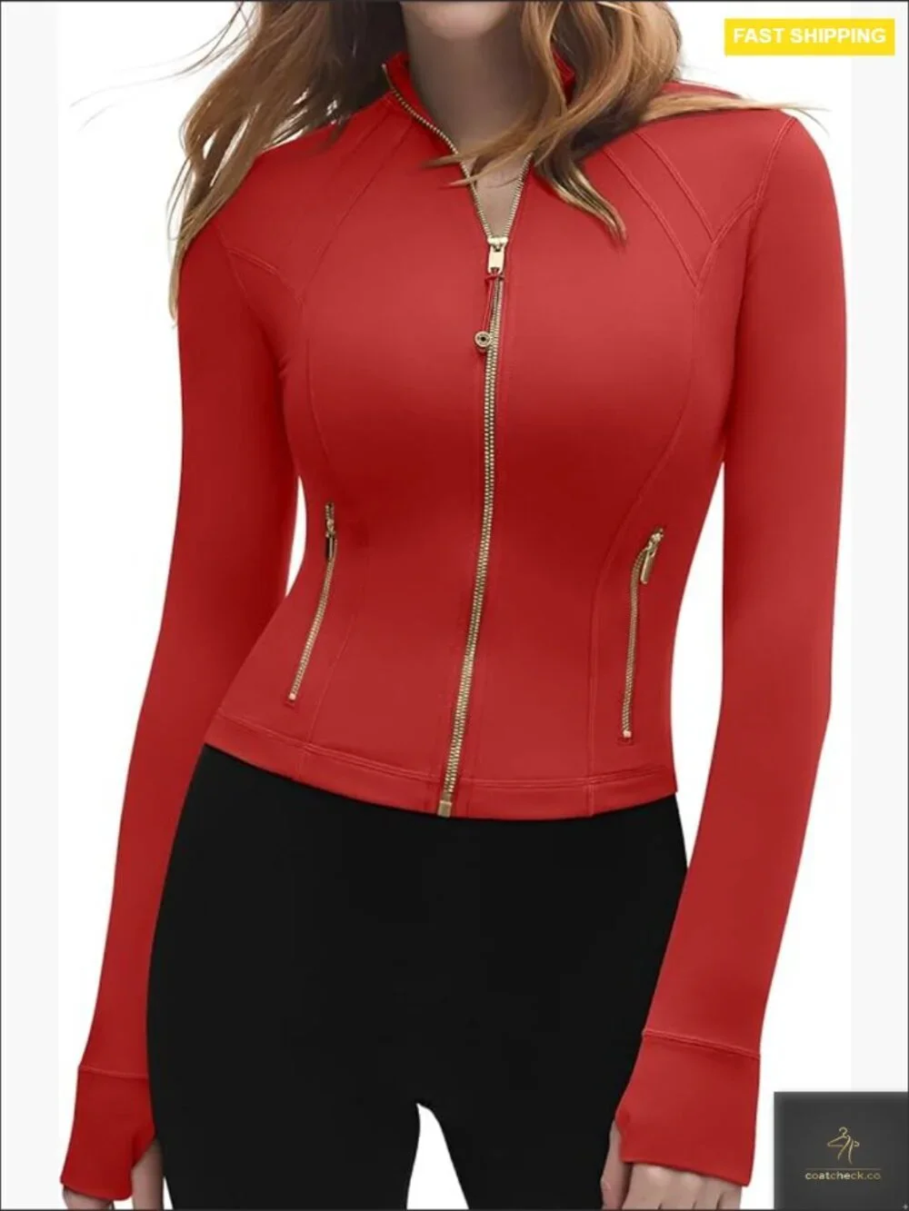 Golden Full Zip Up Cropped Jacket Lightweight Athletic Yoga Thumbholes